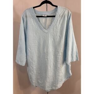 Sea Breeze Of California Lt Blue Cotton 3/4 Sleeve Top 2XL Made USA Embroidered